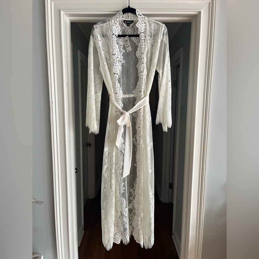 Long Cream Lace Robe with Tie Belt